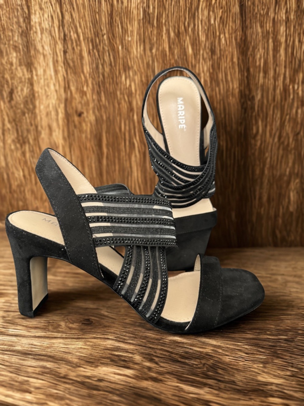 Maripe Black Strappy Mid-Heel Sandals with Beaded Accents